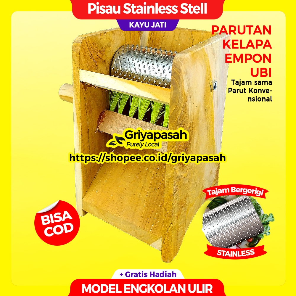 GRIYAPASAH Alat Parut Kelapa Serundeng Santan Serbaguna Kunyit Jahe Wortel - KAYU JATI