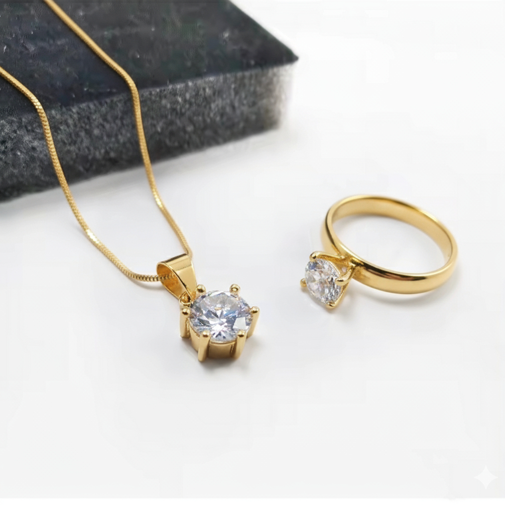 Set Kalung dan Cincin Titanium Model Permata Satu Rantai Kilat Perhiasan Wanita Elegan
