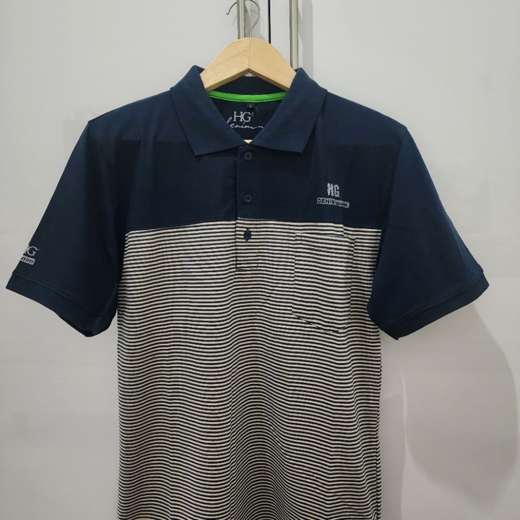 Baju Kerah Saku Kombinasi Polos Salur Garis Besar Pria Dewasa Lengan Pendek