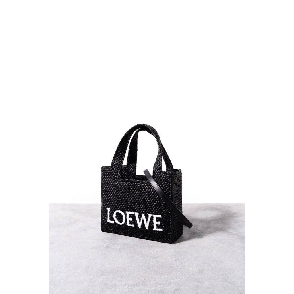 LOEWE MINI LOEWE FONT TOTE BAG IN RAFFIA BLACK