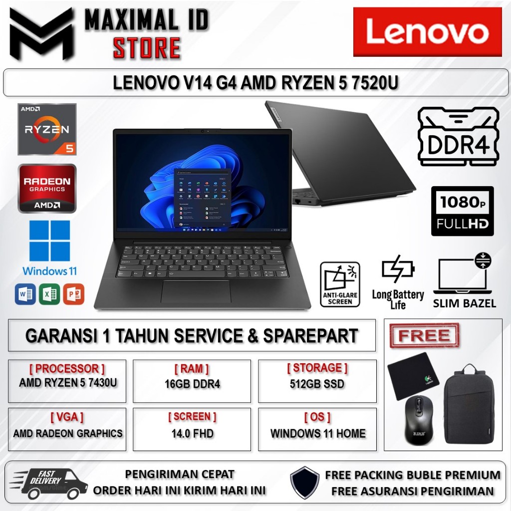 Lenovo V14 G4 AMD Ryzen 5 7430U 16GB 512GB 14.0 FHD Windows 11 Home Original
