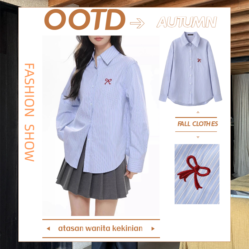 LOVE GIRL Kemeja Wanita Lengan Panjang | Atasan Longgar Bergaya Korea Motif Strip Biru dengan Sulama