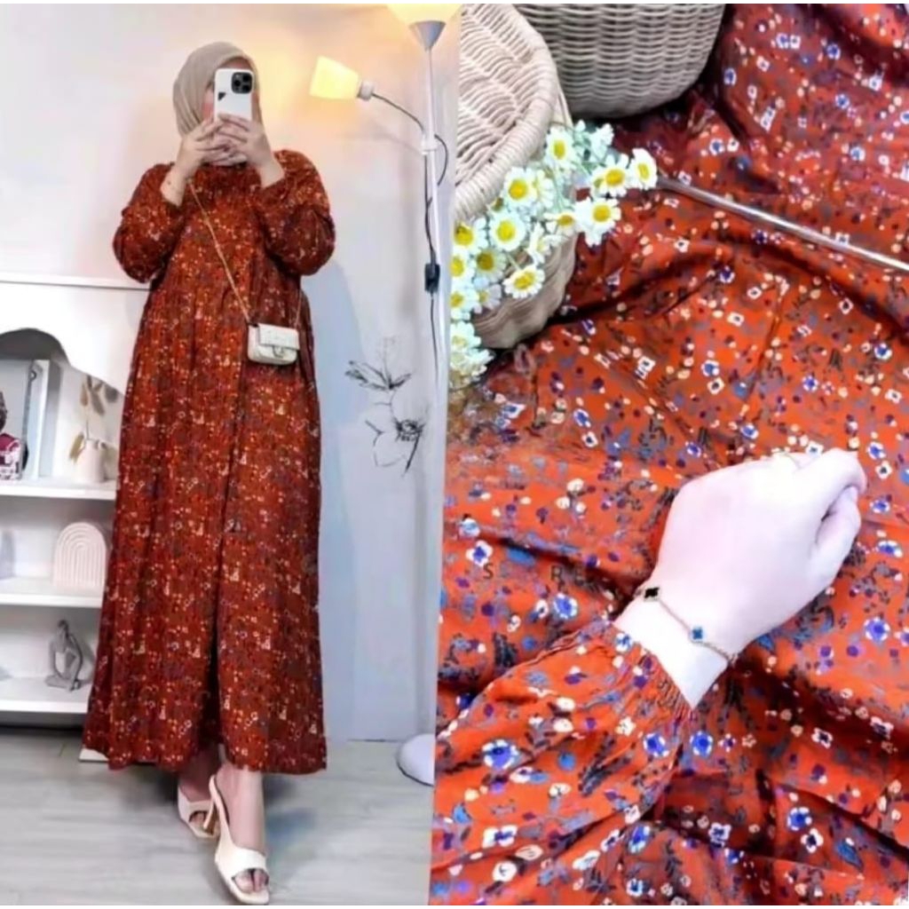 NEW GAMIS MIDI DRESS PREMIUM IMPORT TERBARU MOTIF BUNGA CANTIK/MIDI DRESS RAYON WANITA DEWASA JUMBO 