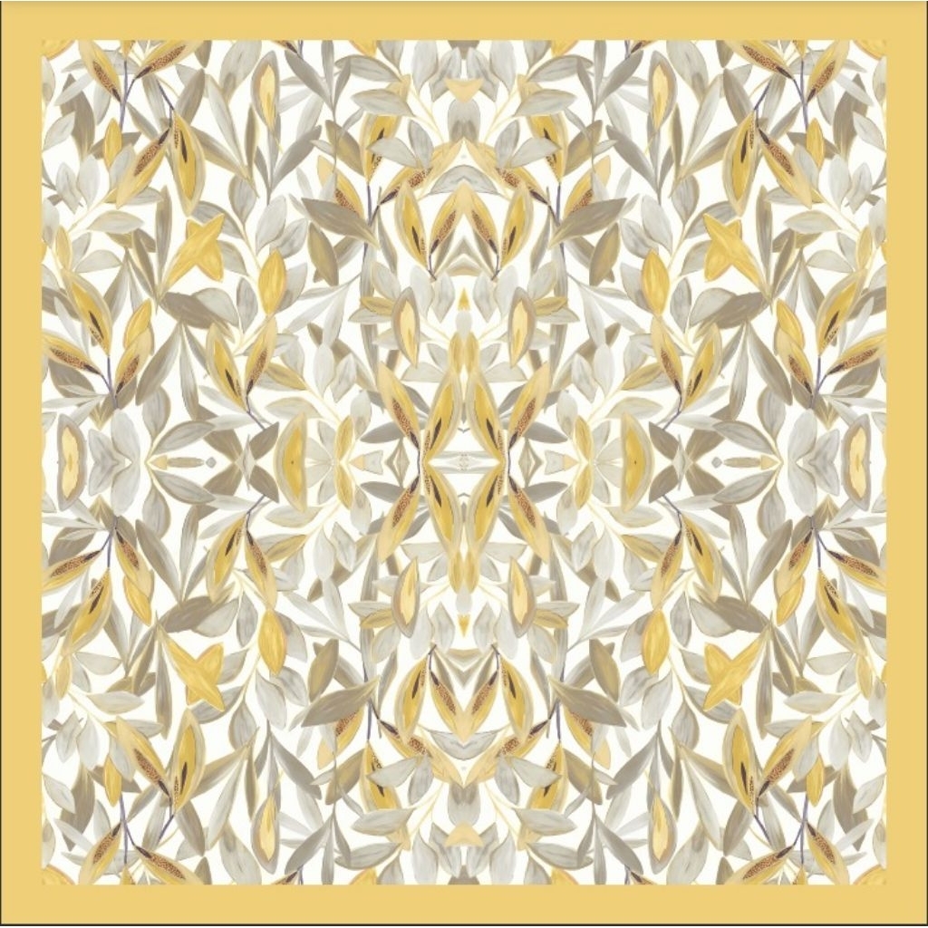 HIJAB SEGIEMPAT VOAL MOTIF DAUN KECIL KUNING LEMON ABU