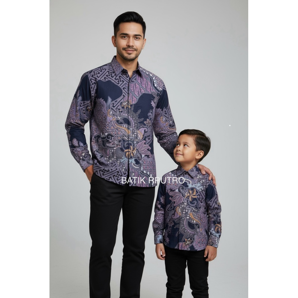 Kemeja Batik Couple Ayah Anak Biru Dongker, Kemeja Batik Pria Dongker, Batik Pria Navy,