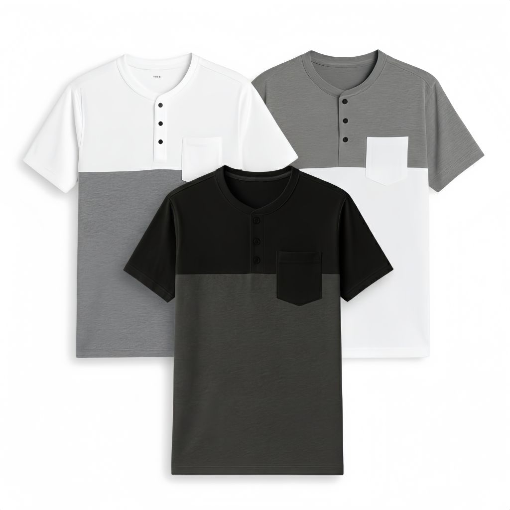 kaos pria lengan pendek model kancing depan kerah sanghai lengan pendek kombinasi warna putih dan ab