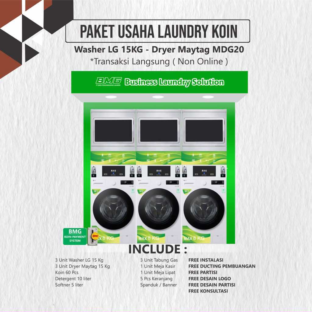 Paket Usaha Laundry Koin 3 Stack/Pasang LG 15 Kg Maytag Mdg20
