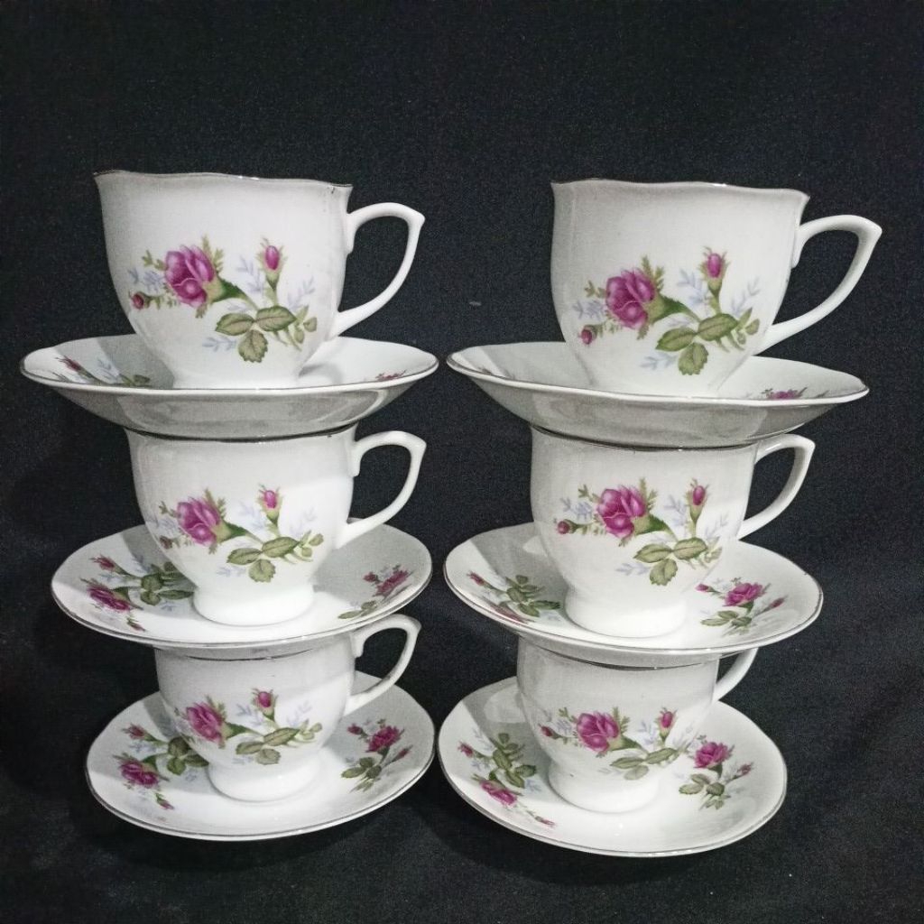 6 CANGKIR TEH JADUL MOTIF BUNGA VCR