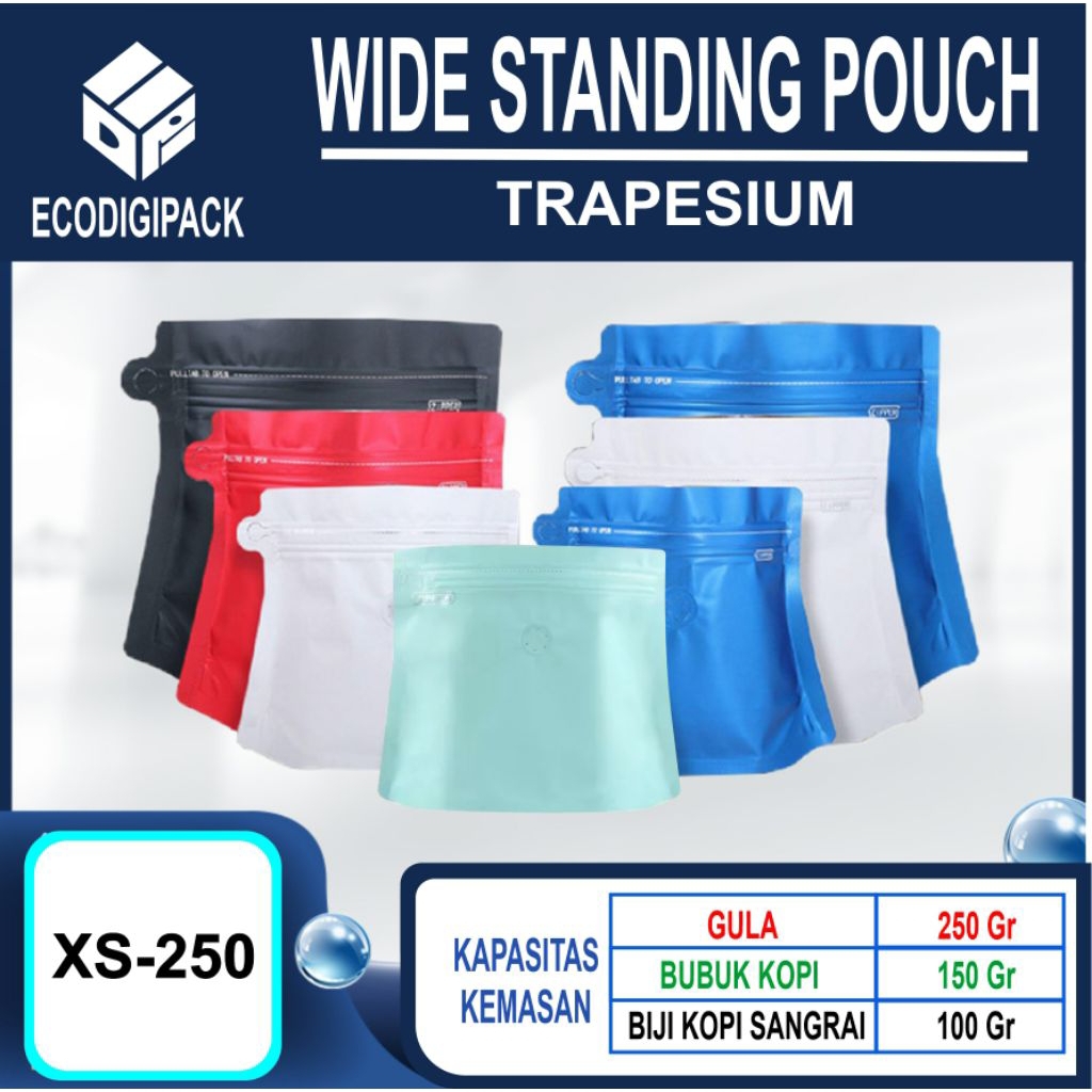 KEMASAN KOPI 100 GRAM TRAPESIUM STANDING POUCH VALVE XS-250 ZIPPER COFFEE BAG PREMIUM GRADE