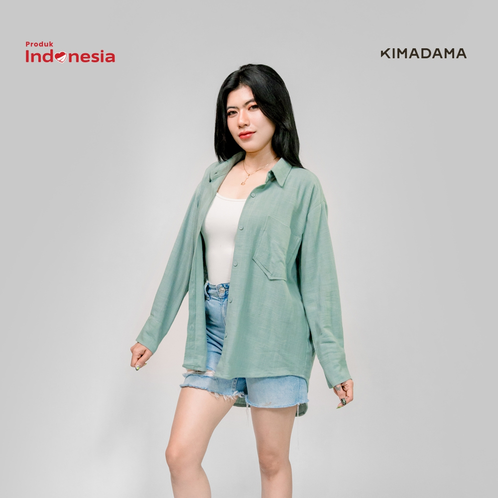 Kemeja Wanita Premium Blouse Linen Basic Biru Tosca  | EUNOIA Teal