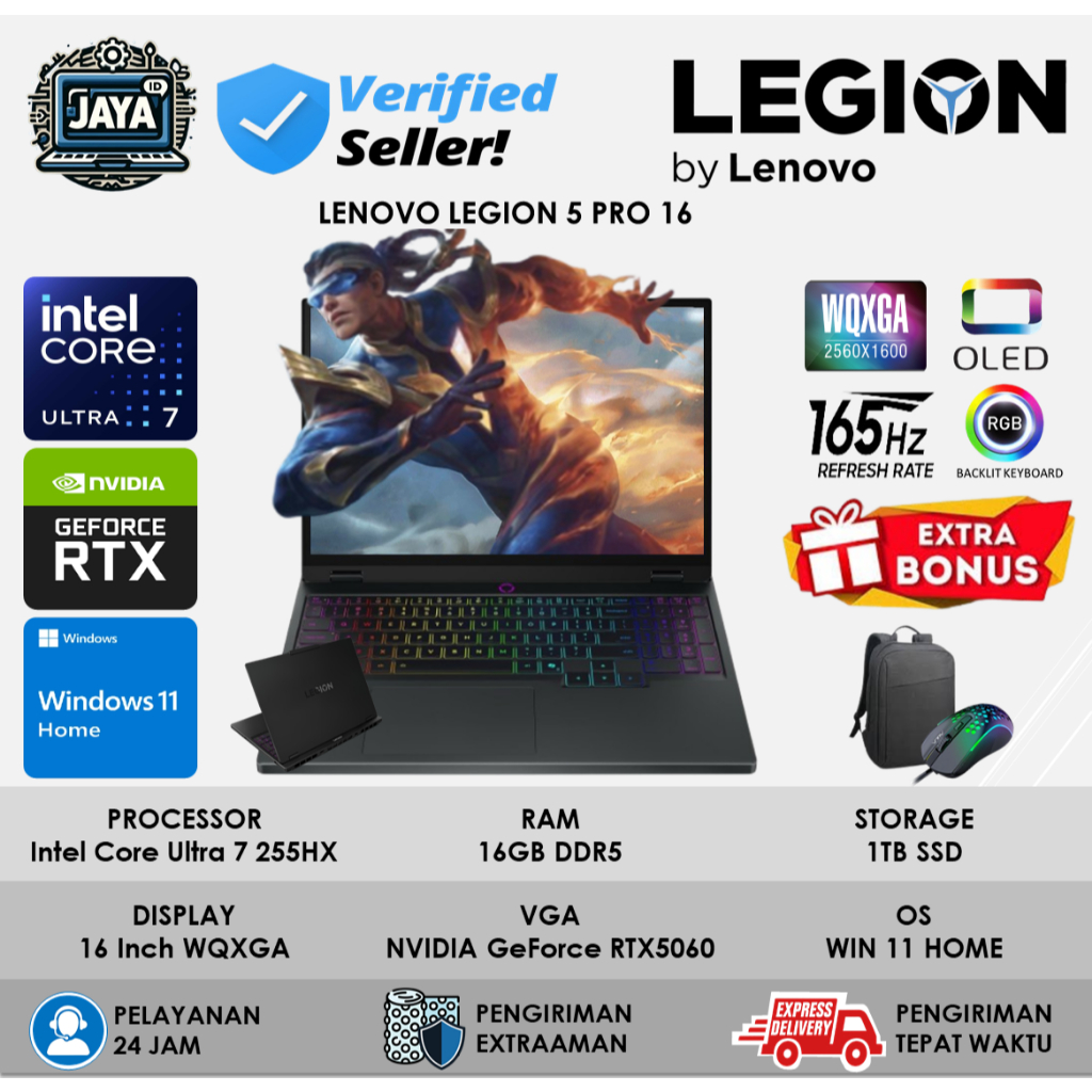Laptop Lenovo Legion 5 Pro 16 Intel Ultra 7 255HX RTX5060 Ram 16GB DDR5 1TB Storage WQXGA OLED