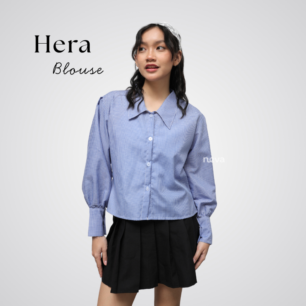 Neva Style - Hera Blouse Lengan Balon / Kemeja Basic Motif Kotak - Kotak / Atasan Crop Casual Wanita