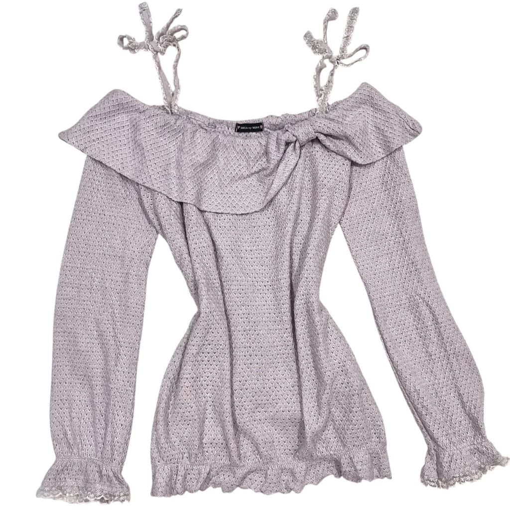 Off Shoulder Ribbon Bling Knit Light Lilac Flip Over Lace Longsleeve Top | Babydoll dollette smocked