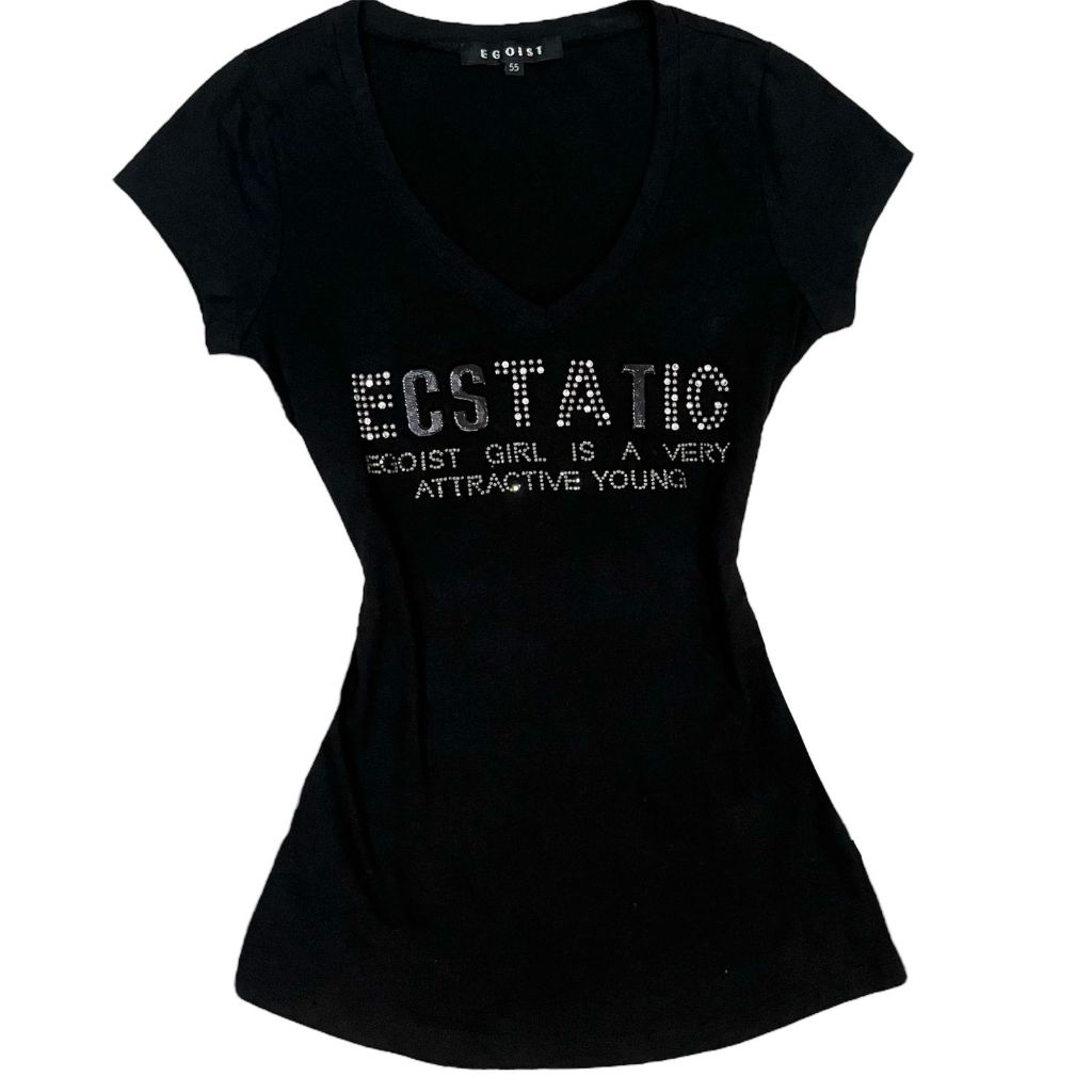 Egoist Grunge y2k Rhinestone Graphic Bodyfit Shortsleeves V Neck Top | kaos pressbody fitted vintage