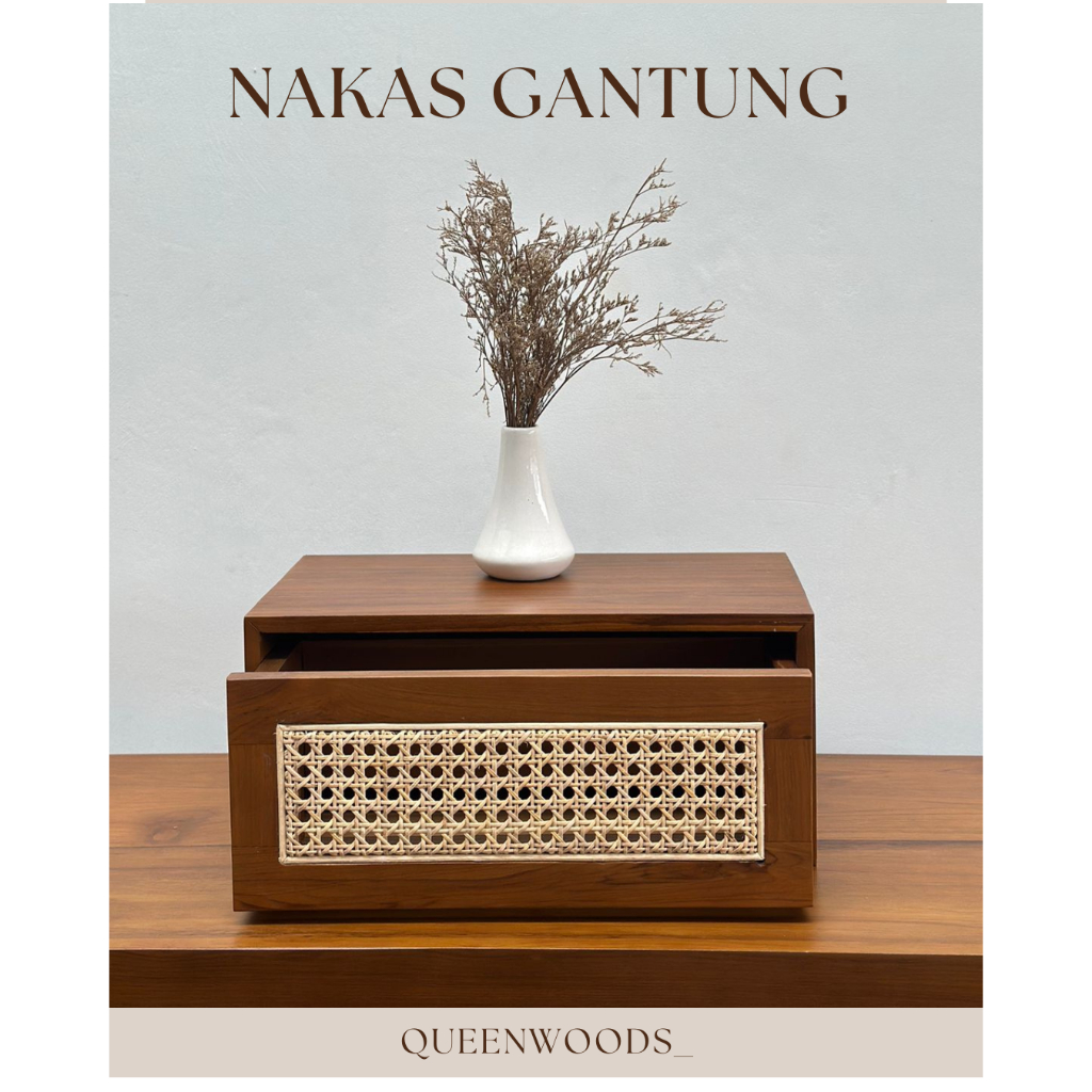 TERMURAH Meja Nakas Gantung Kayu Jati Aesthetic Rotan