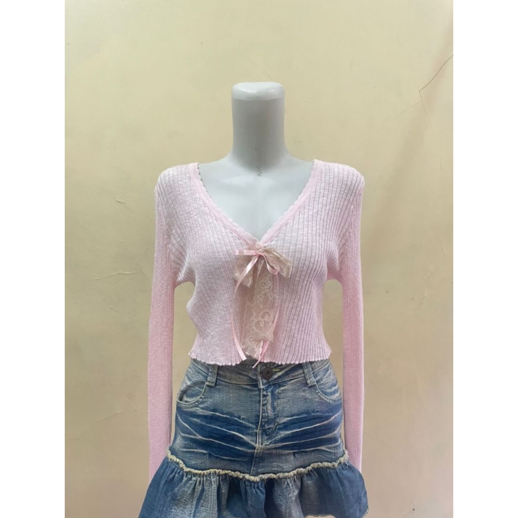 cardigan lucu pita warna pink
