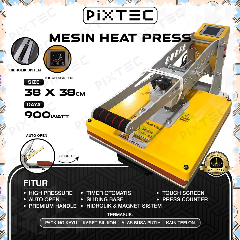 Pixtec Mesin Press Sablon Kaos 38x38 900 Watt AOSL OTOMATIS Auto Open Sliding