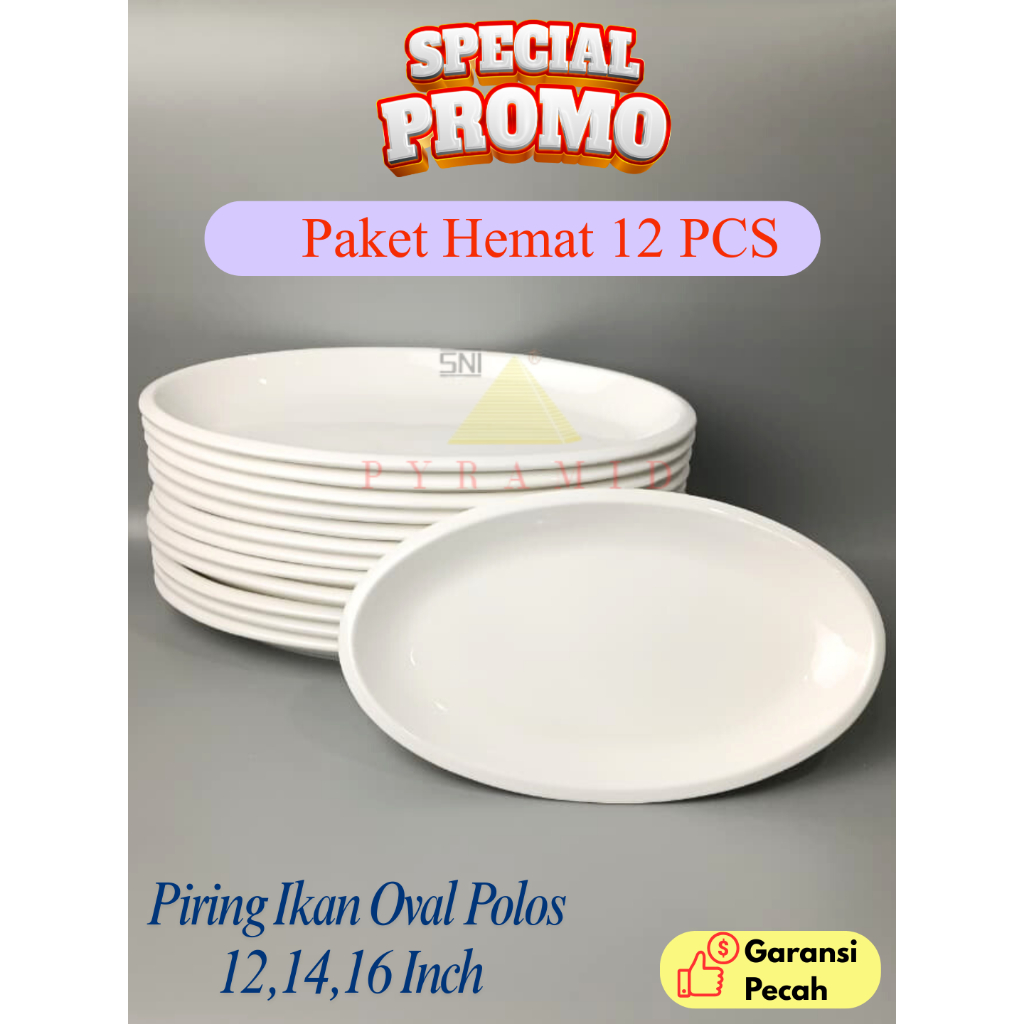[12 PCS] PYRAMID PIRING IKAN OVAL POLOS KERAMIK I harga lusinan piring keramik