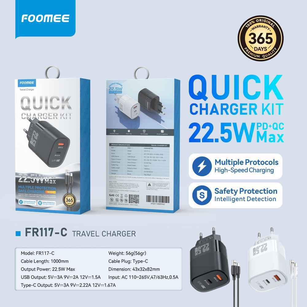 1 set charger semua hp type-c Foomee FR117-C 22.5W PD Fast Charger Type-C II Adaptor HP Dual Slot US