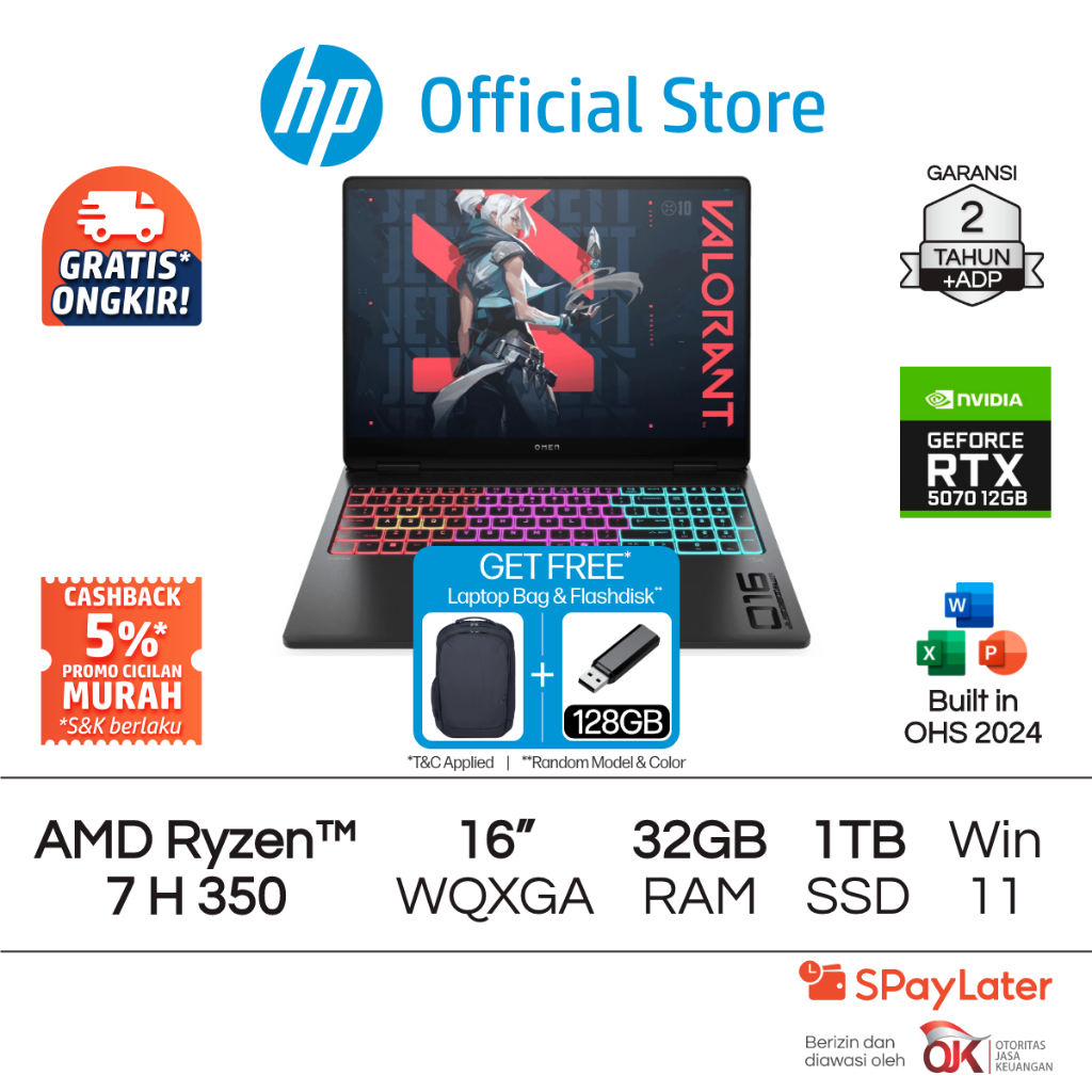OMEN Laptop Gaming HP AMD Ryzen AI 7 NVIDIA GeForce RTX 5070 32GB RAM 1TB SSD Shadow Black Free Wind
