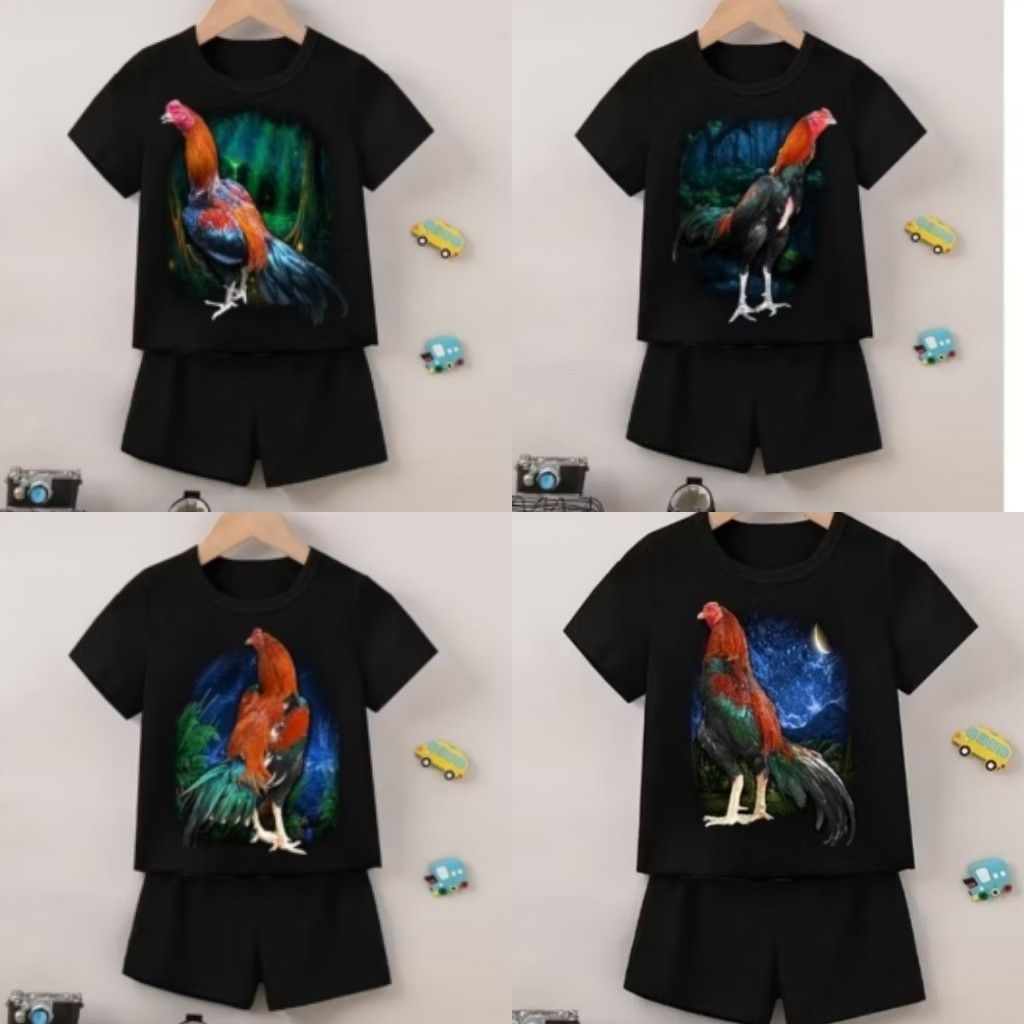baju stelan kaos anak laki laki 1set hitam gambar ayam Bangkok lucu motif banyak DTF murah