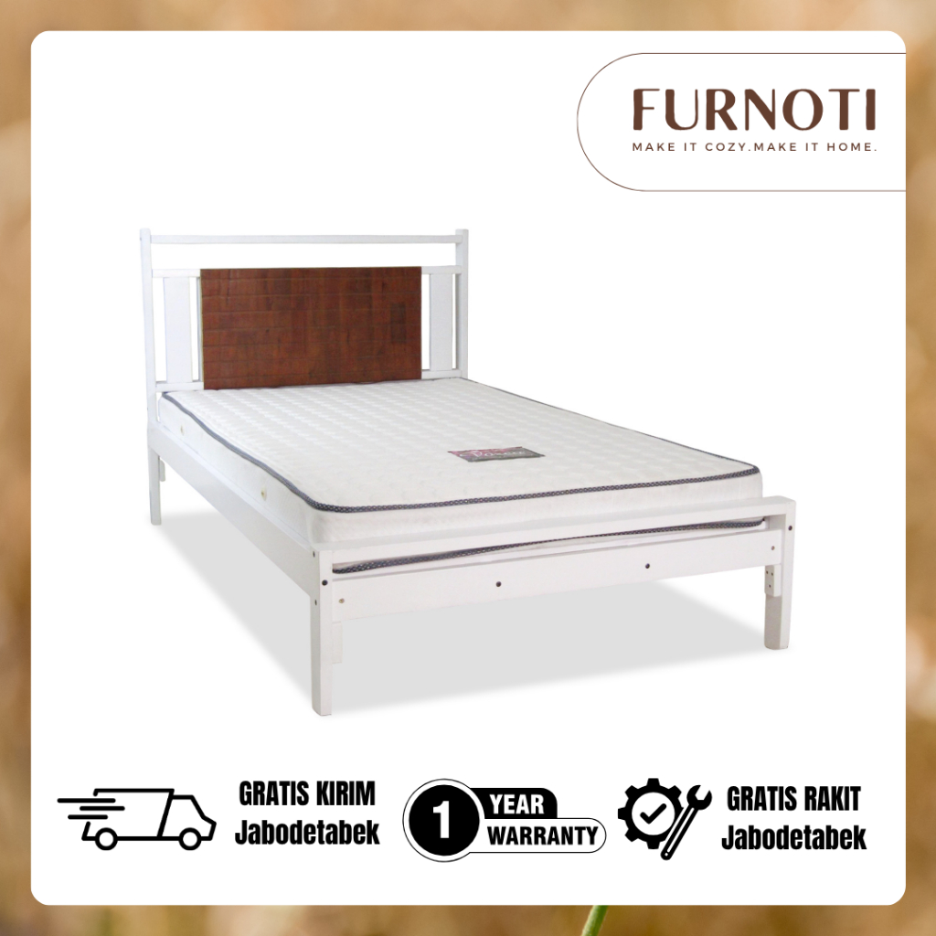 FURNOTI Dipan Tempat Tidur Minimalis Sandaran Kayu Ranjang Kayu Mahoni 120x200 warna Putih