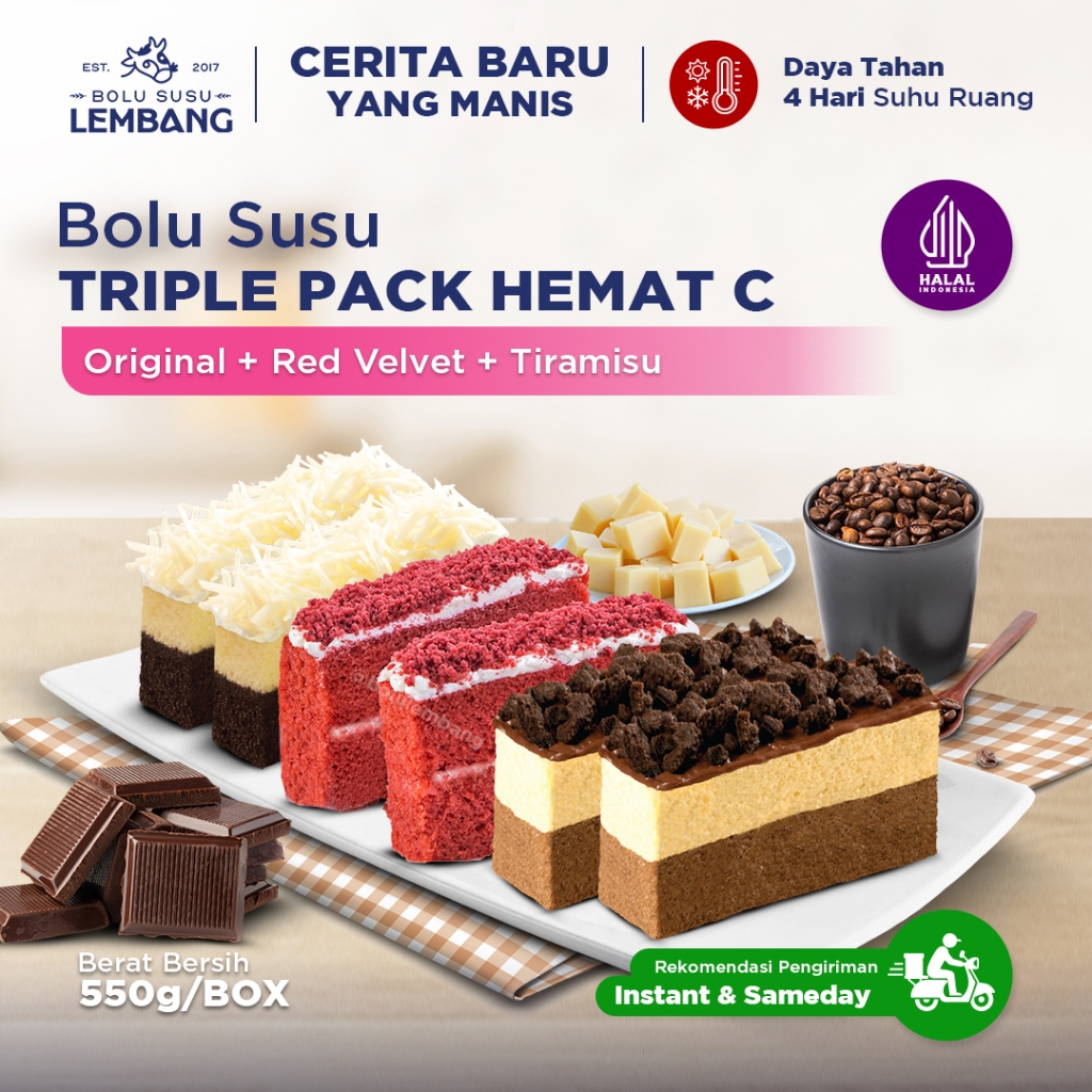 Bolu Susu Lembang - Triple Pack C (Reguler - Original + Red Velvet + Tiramisu) Oleh-oleh Khas Bandun