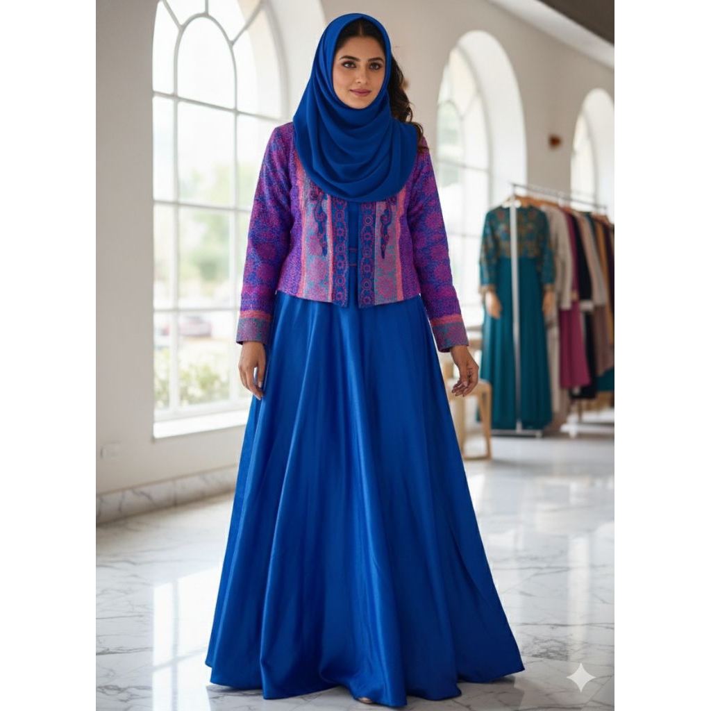 Gaun/Dress Panjang berwarna biru elektrik/royal blue dengan potongan rok lebar (A-line atau flowy).