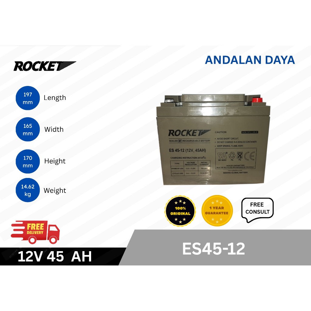 Baterai Aki UPS 45AH 12V ROCKET ES45-12 Batre UPS Solar Panel