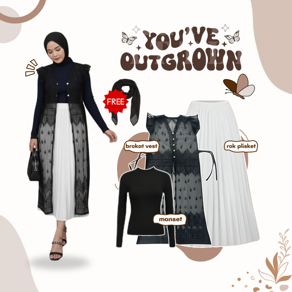 One Set 4in1 ( Brokat + Manset Hitam + Rok Plisket ) Outfit OOTD Wanita Kondangan 52M FREE JILBAB