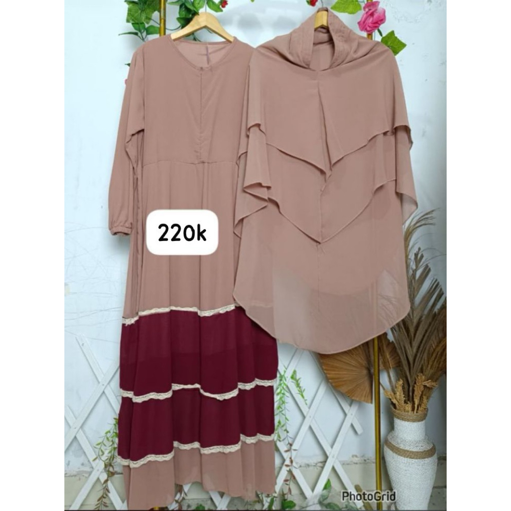 Gamis Syari Wanita Syar’i Ceruty Cream Coklat Kombinasi Maroon Marun Rempel