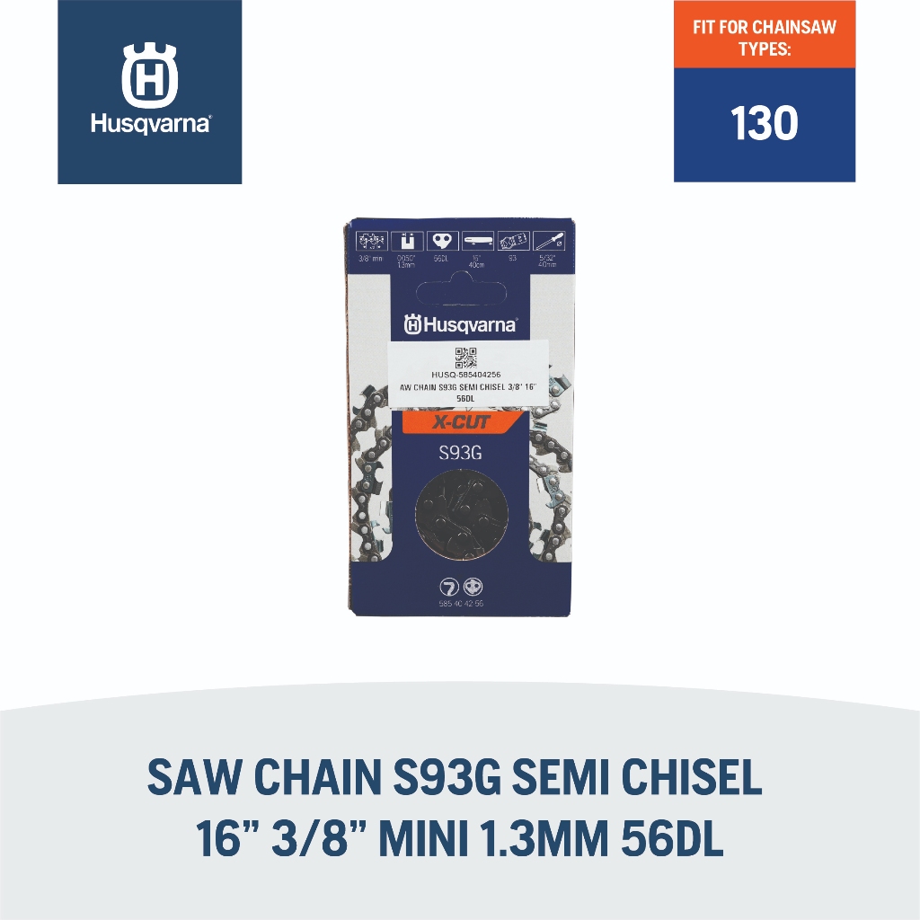 Husqvarna Saw Chain S93G Semi Chisel 16" 3/8"Mini 1.3 mm 56DL/ Rantai Gergaji Mesin X-Cut S93G Semi 