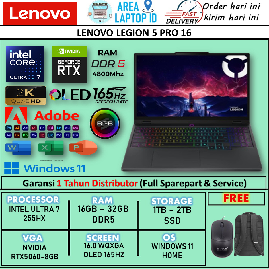 LENOVO LEGION 5 PRO 16 INTEL ULTRA 7 255HX 32GB 2TB RTX5060-8GB 16.0 WQXGA OLED 165HZ RGB BLACK