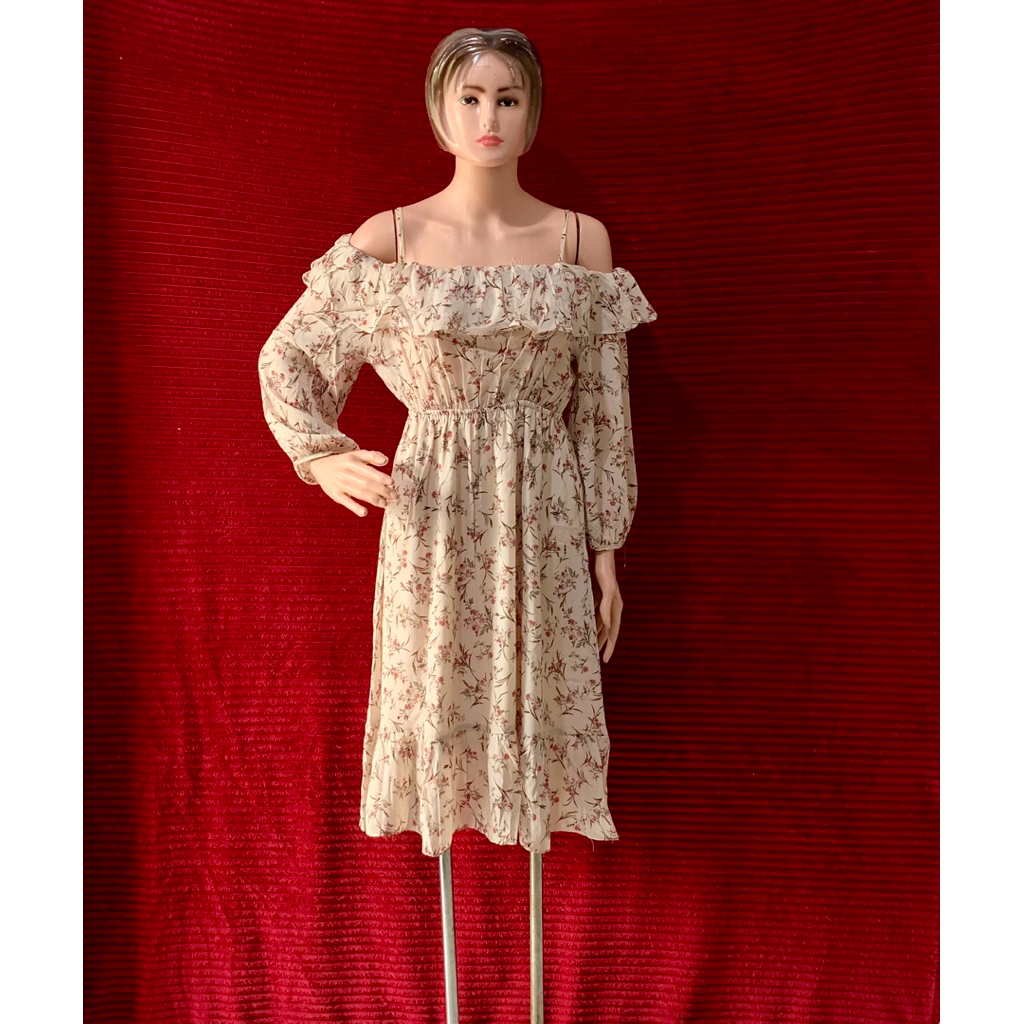 DRESS VINTAGE BUNGA KEKINIAN WANITA RUMBAI TANGAN BALON TALI 1 SABRINA