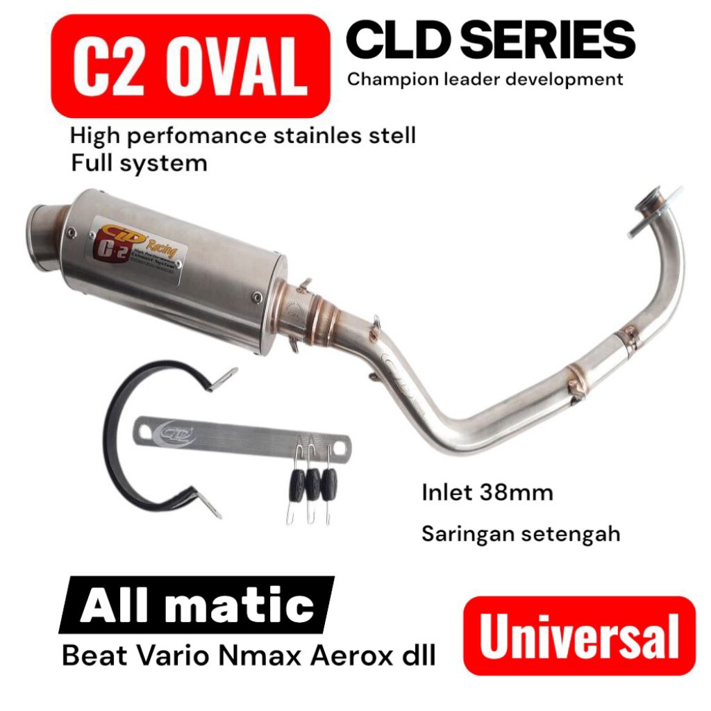 FULLSET KNALPOT CLD C2 OVAL Inlet 38mm Variasi leher kolong All matic.Beat/vario/Nmax/Scoopy/Aerox/G