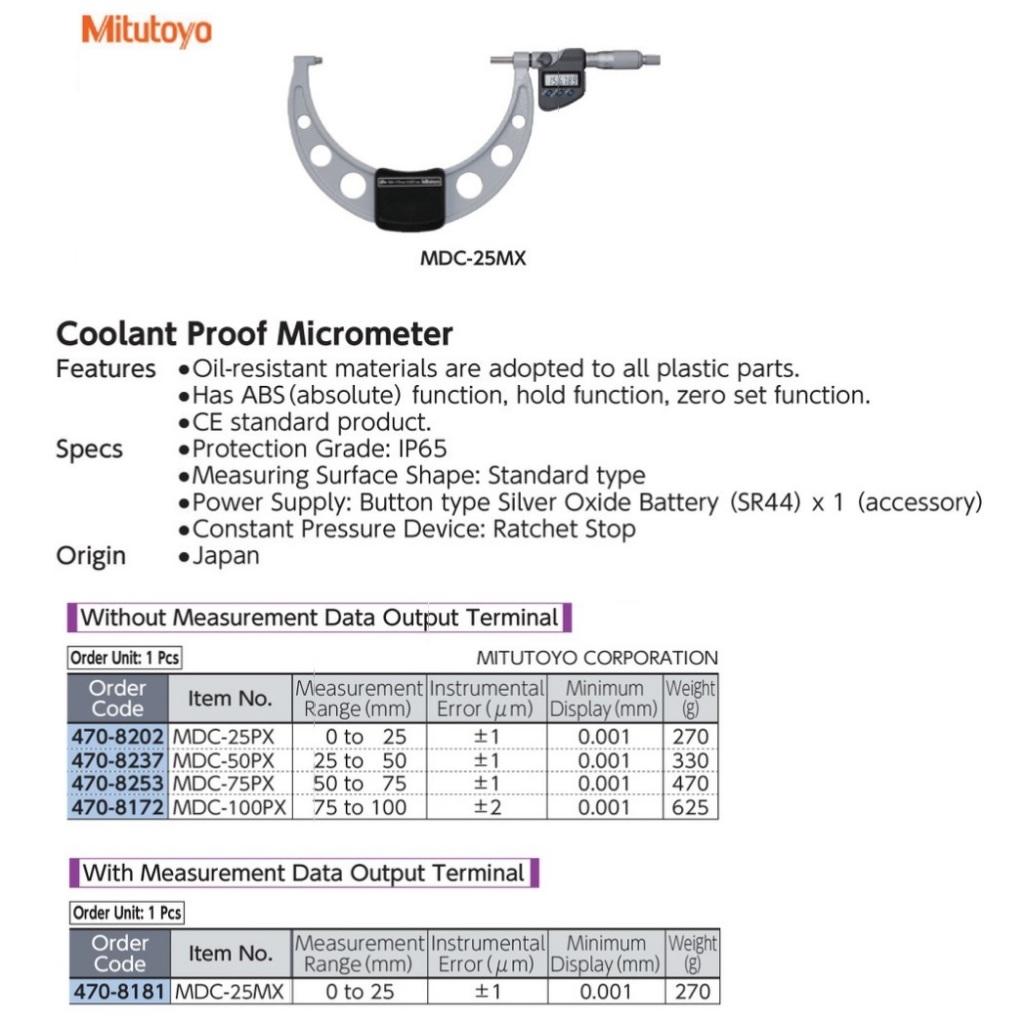MITUTOYO Coolant Proof Micrometer (293-240-30) MDC-25PX