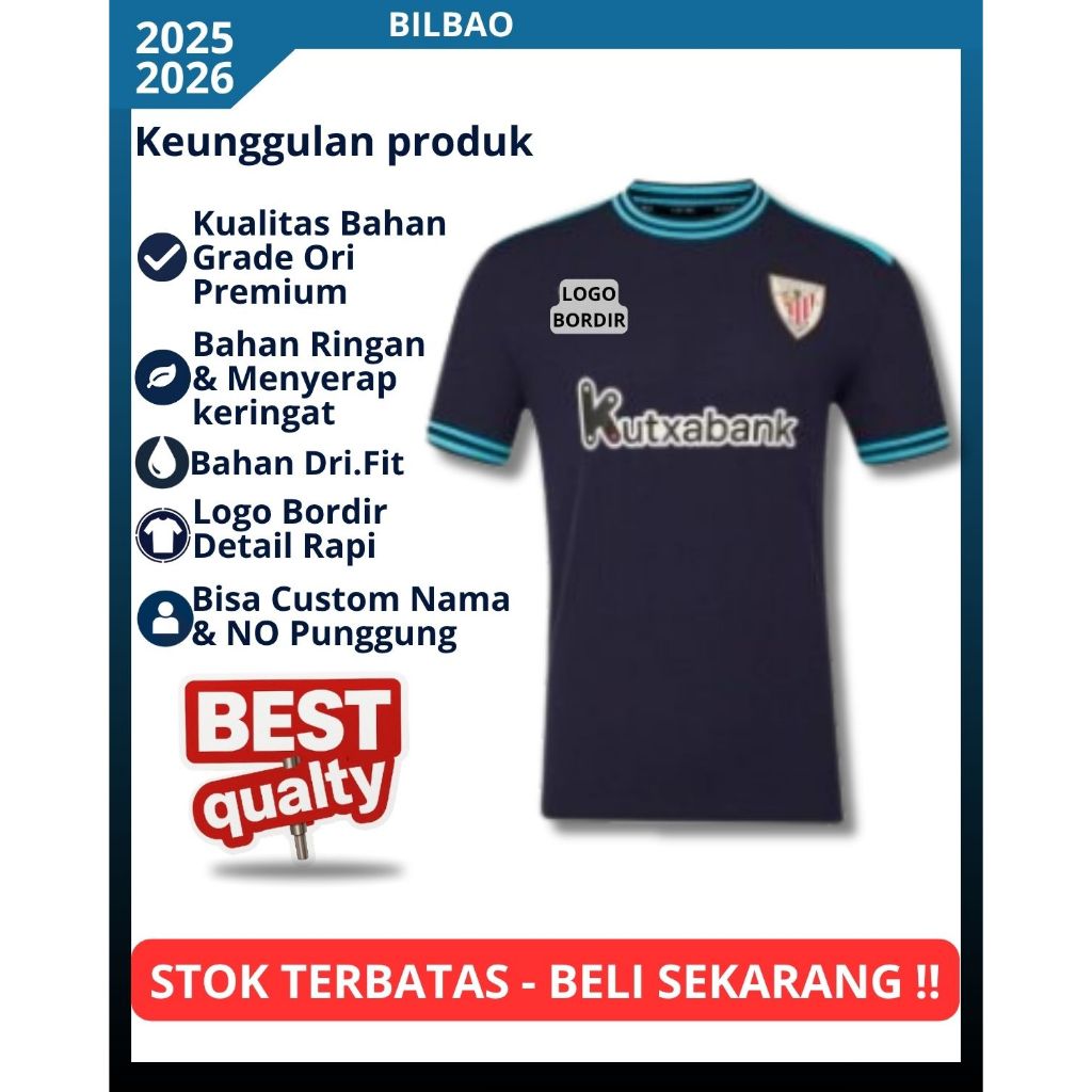 Jersey Atletic Bilbao Away 2025 2026 Grade Ori Import Baju Sepak Bola Bilbao Baru