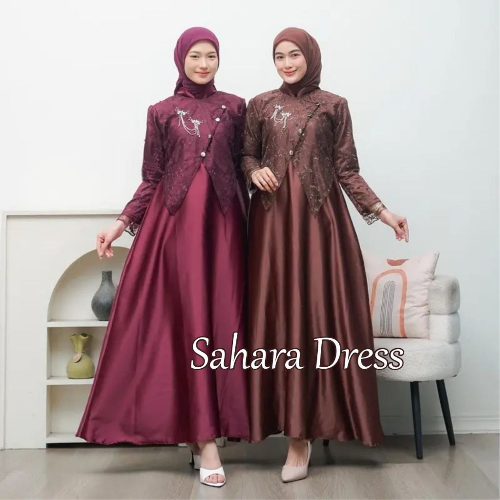 Dress Sahara Brokat Terbaru Gamis Lebaran Elegan Mewah Muslimah Modern Bahan Premium Long Dress Kond