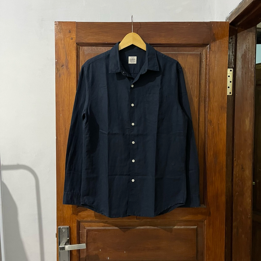 [M-L] WHO AU Open Collar Cotton Shirt Long Sleeve I Pure Black Vintage Vtg Retro Kemeja Garis-garis 