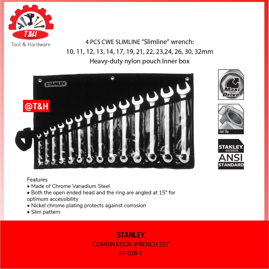 Stanley 14 Pcs CWE Slimline Combination Wrench Set / 87-036-1 / Original Stanley ANSI Standard