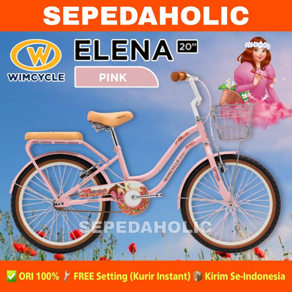 Sepeda Anak Perempuan WIMCYCLE ELENA NIRMALA Keranjang Ukuran 20 Inch Usia 8-12 Tahun