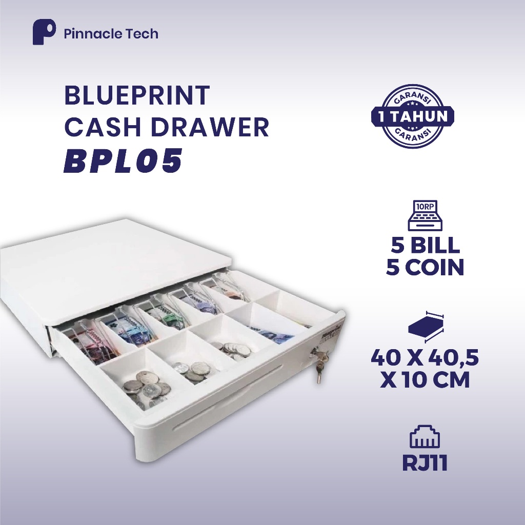 Laci Kasir Blueprint  White BPL05 – 5 Slot Uang, Baja Kuat, RJ-11 Otomatis & Manual 3-Mode