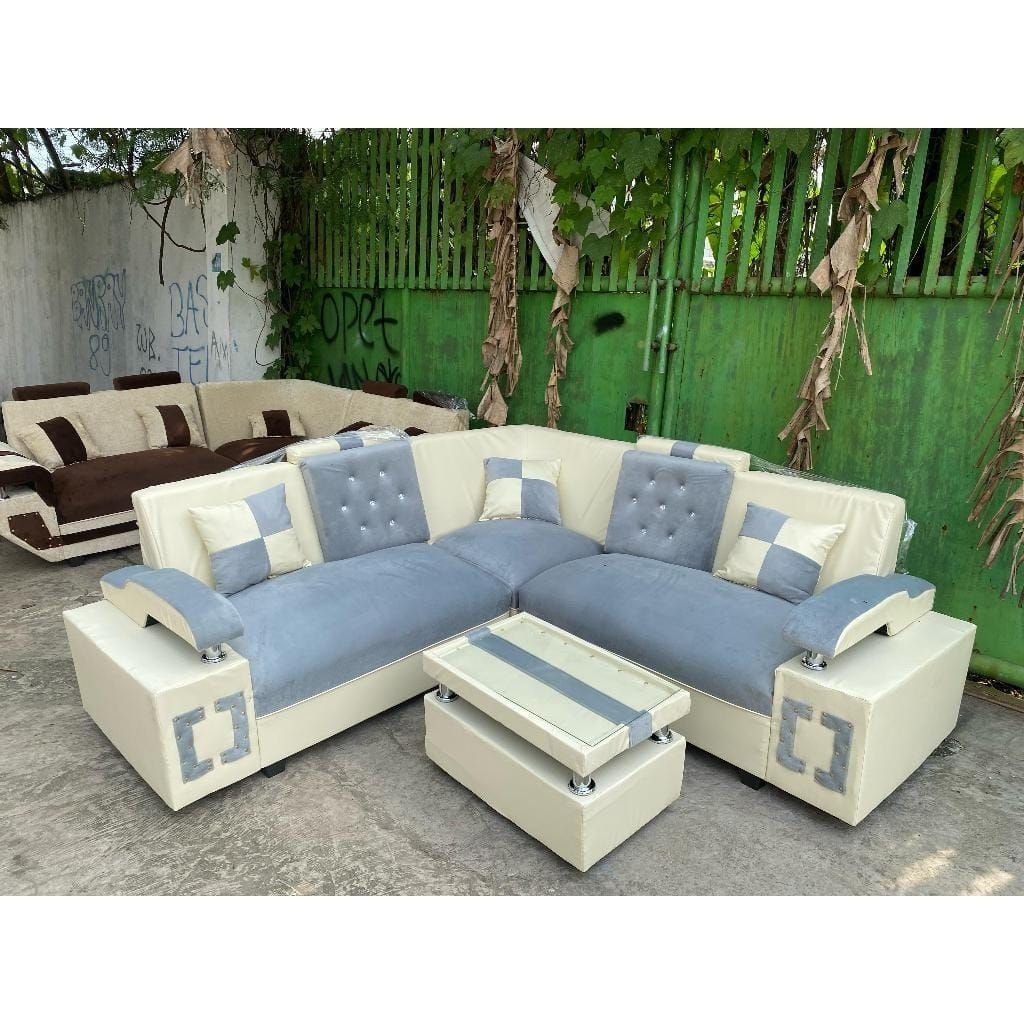 SOFA L MINIMALIS KAIN BLUDRU HALUS KOMBINASI KULIT