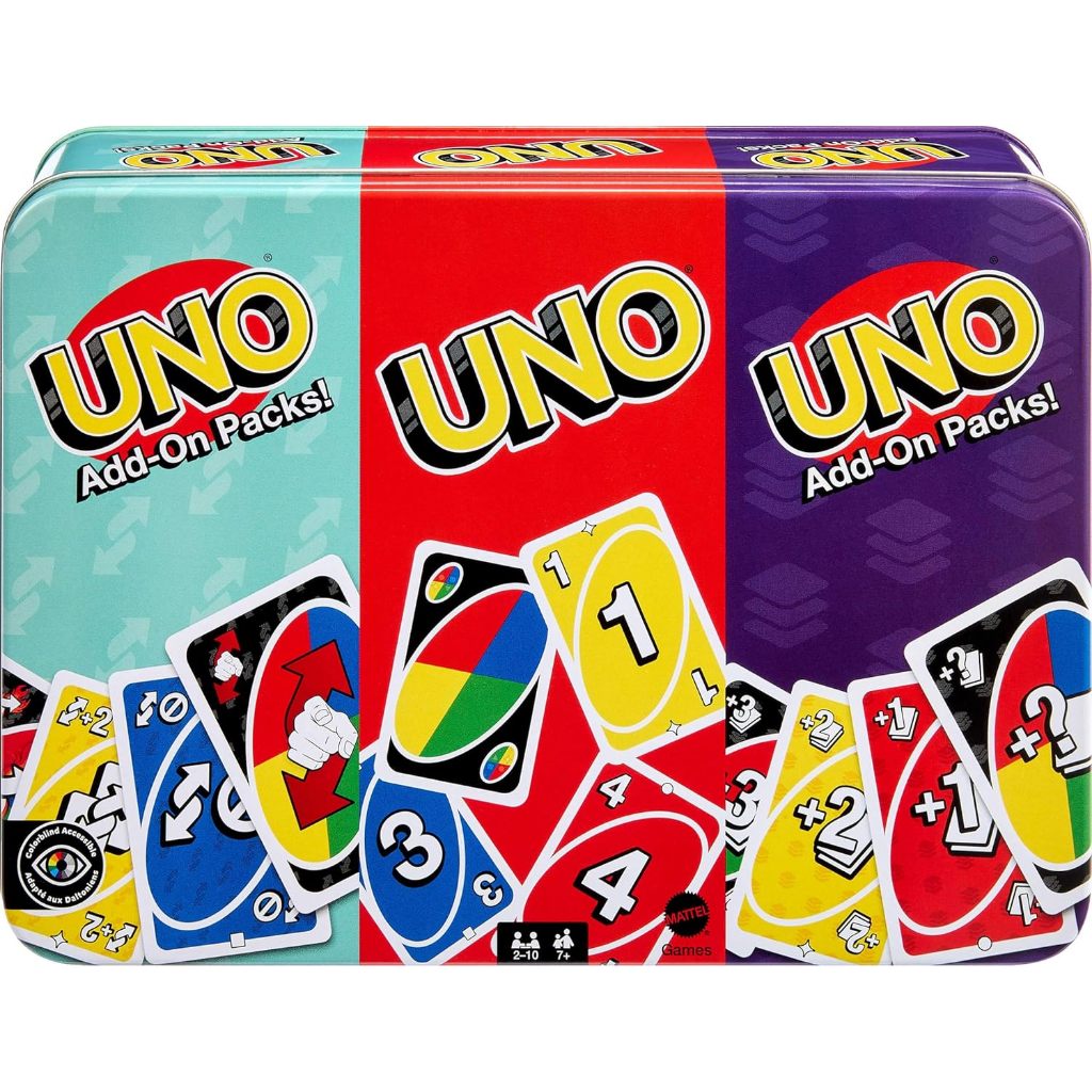 Mattel Games UNO Card Game with 2 Add On Packs & Collectible Tin for Kids, Adults & Family Game Nigh