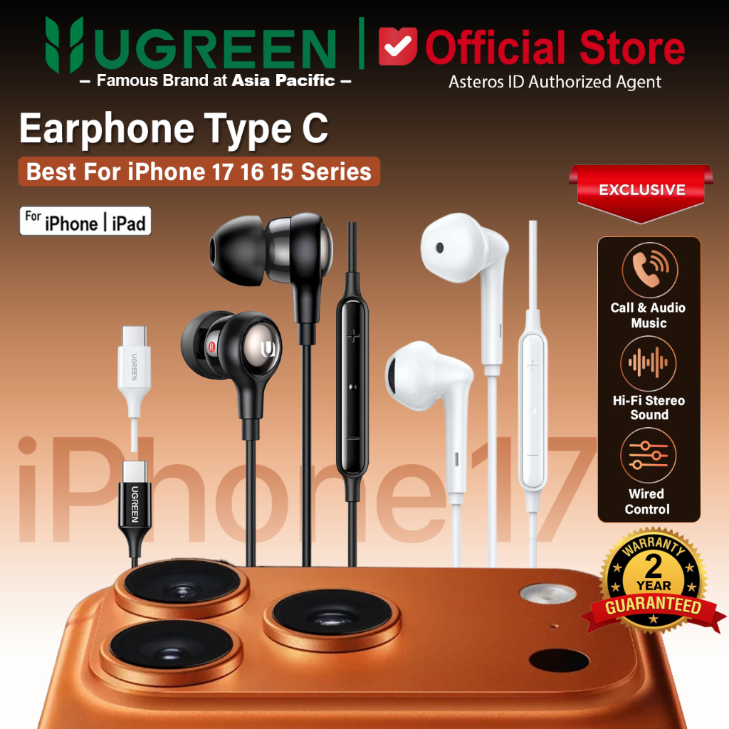 UGREEN Headset Handsfree Earphone iPhone 17 16 15 Pro 15 Pro Max Series Support Audio Open Mic Call