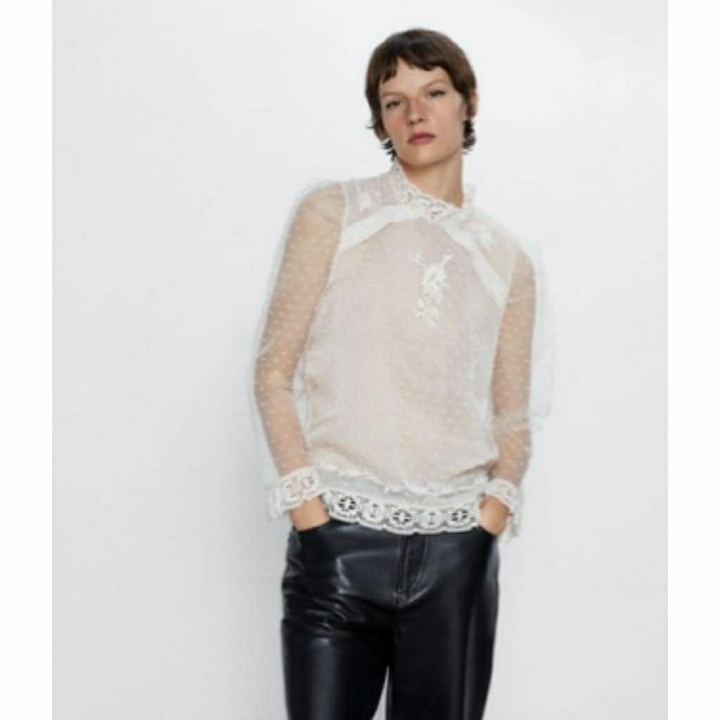 (NEW) ZARA TOP EMBROIDERED LACE PLUMETIS BLOUSE ORGANZA ATASAN BORDIR BUNGA BEIGE KOREA ORIGINAL