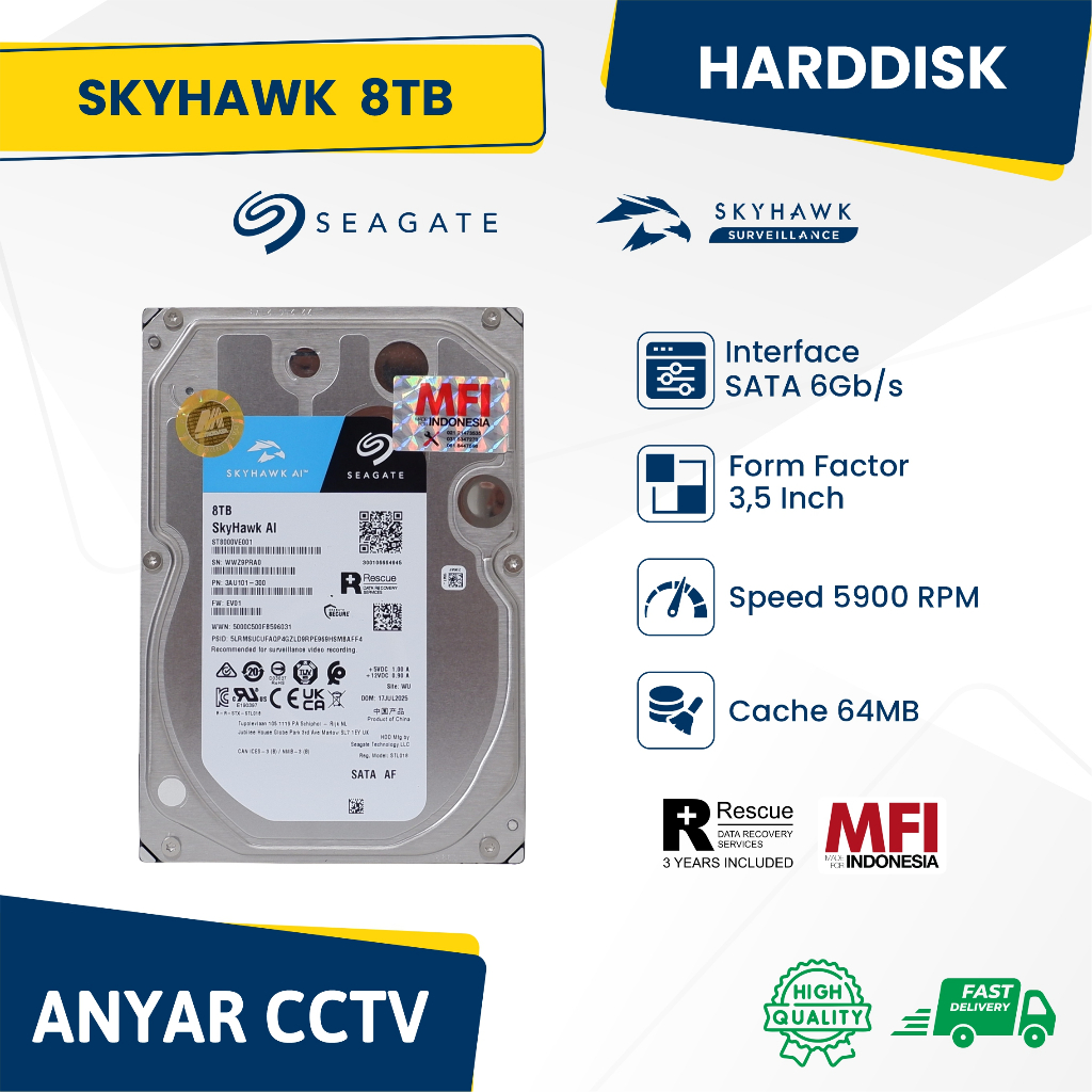 HARDDISK SEAGATE SKYHAWK MFI INDONESIA 8TB GARANSI 3THN RESMI / HDD 8TB