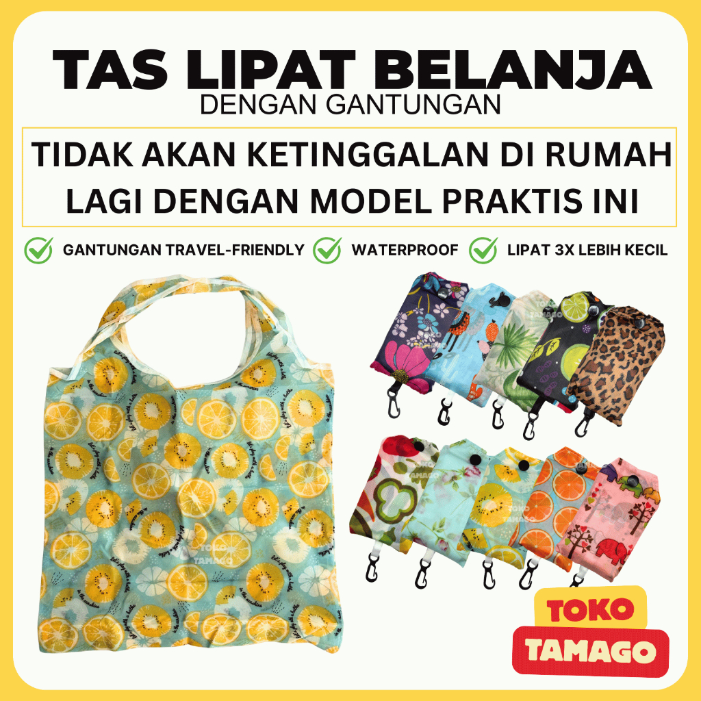 Tas Belanja Lipat Tote Bag Gantung | Reusable, Shopping Bag Waterproof, Parasut, Motif Lucu