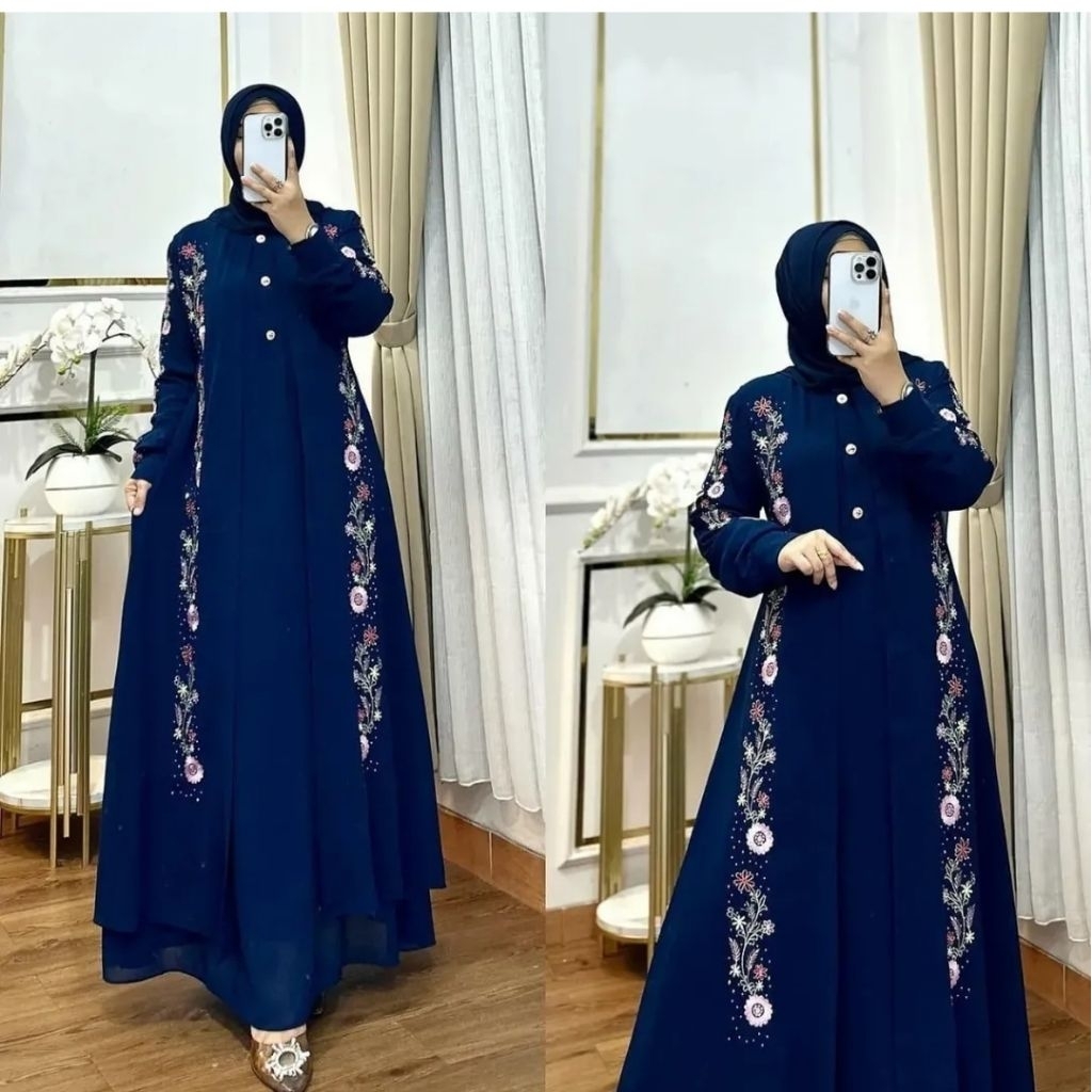 Gamis Outer Muslim Dres Bordir Premium Seruty Lokal Pesta Mewah Terbaru Jumbo Hijab Kancing Seleting