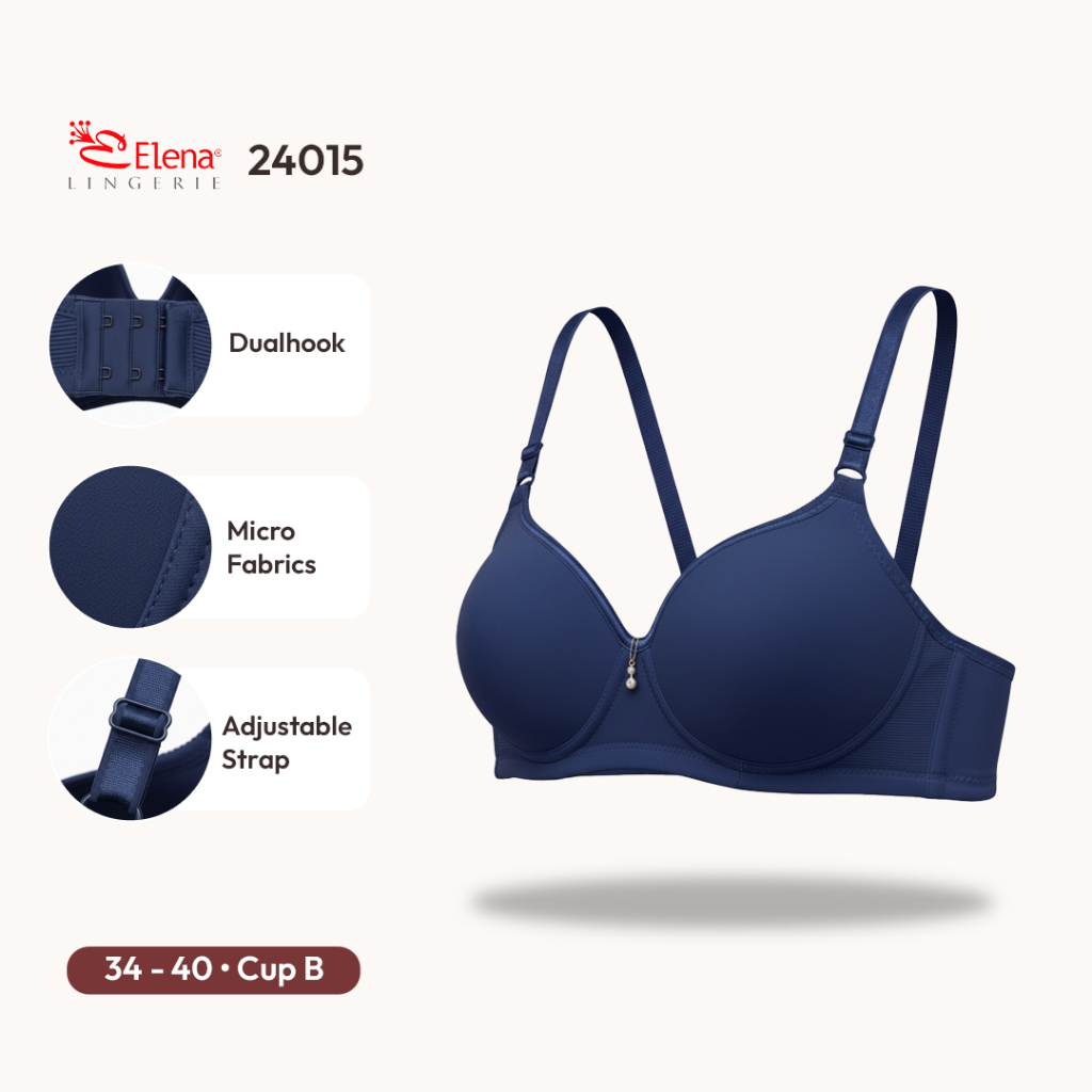 Elena Unwired Bra BH Tanpa Kawat Cup B Kait 2 Busa Tipis 24015 - Full Cup Lembut Nyaman Polos 34B-40